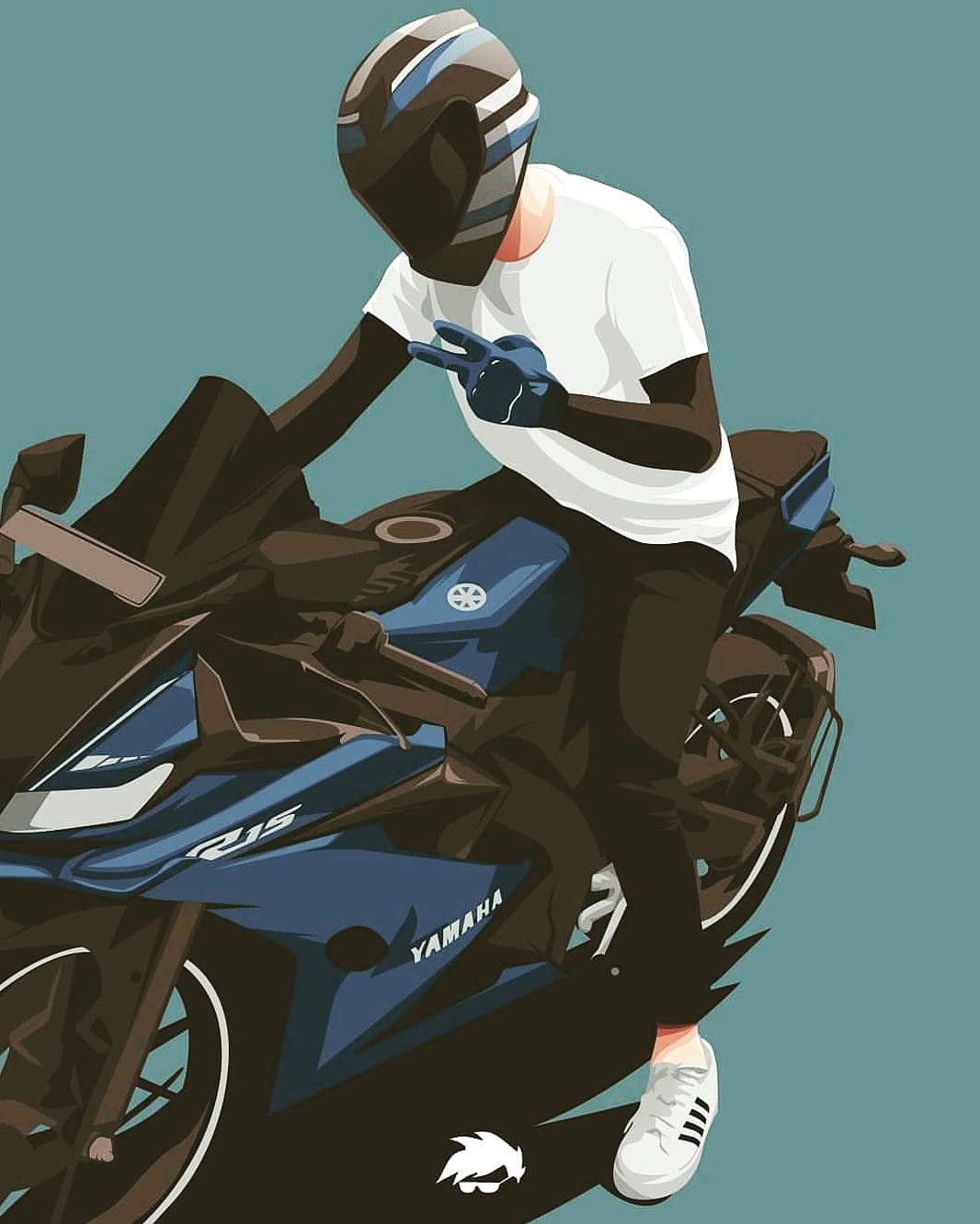 戴頭盔穿白色T恤的電單車手在藍色Yamaha R15上比出和平手勢。