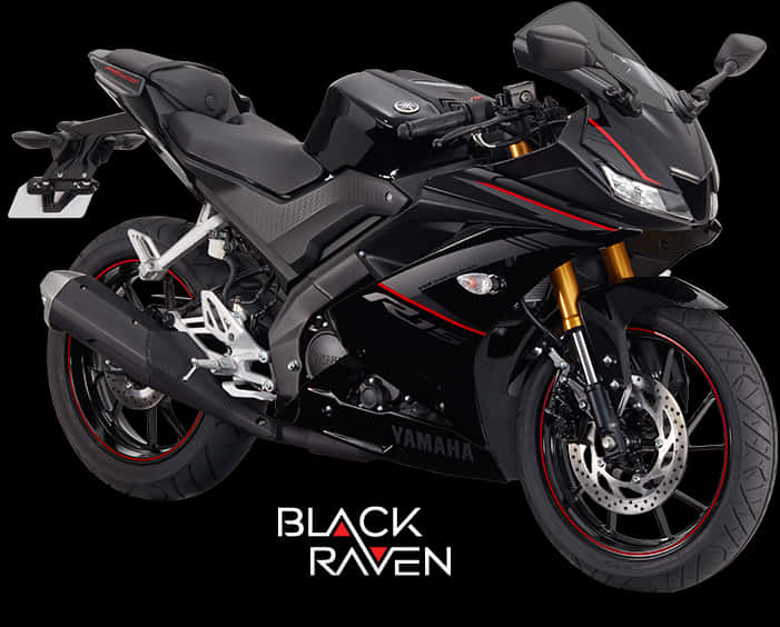 雅馬哈R15黑鴉版 壁紙 — 一台時尚的黑色Yamaha R15電單車，帶有紅色點綴和金色前叉，在純黑背景前蓄勢待發。