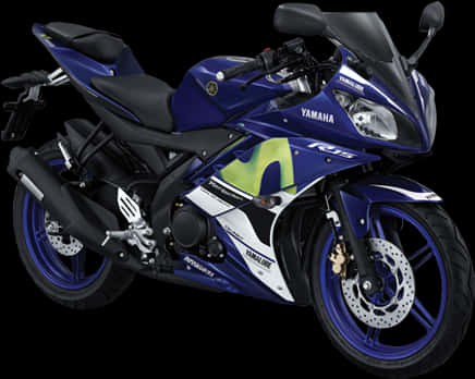 藍色雅馬哈R15賽車 壁紙 — 一架時尚的藍色Yamaha R15運動電單車，帶有螢光綠色點綴，在純黑背景上蓄勢待發。