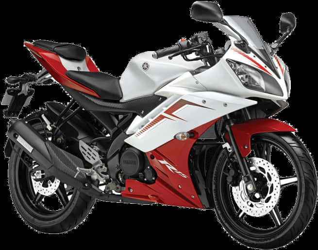 紅白雅馬哈R15運動型機車 壁紙 — 一輛時尚的白色和紅色Yamaha R15運動摩托車，帶有黑色裝飾和碟式煞車，在工作室燈光下展示。