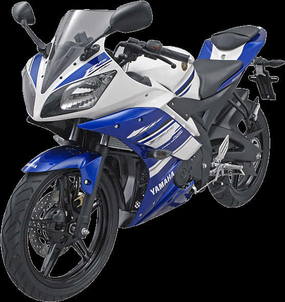 藍白雅馬哈R15運動機車 壁紙 — 一台時尚的藍白配色Yamaha運動電單車，帶有黑色點綴和銳利的空氣動力線條。