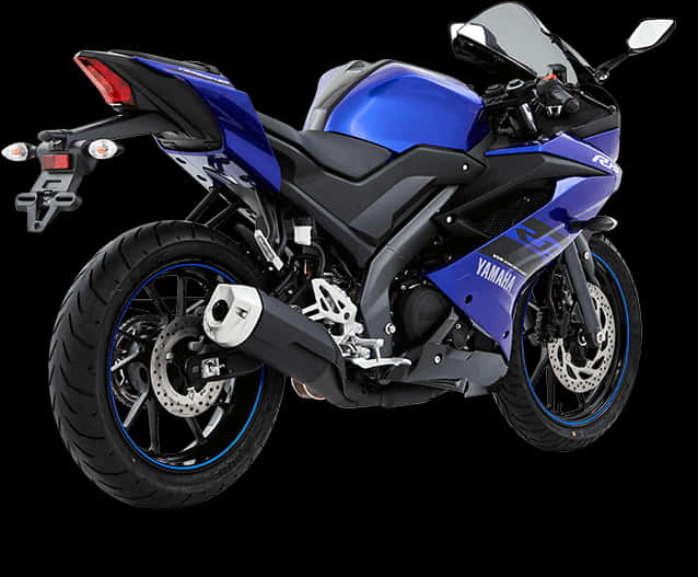 藍黑雅馬哈R15賽車 壁紙 — 一台時尚的藍黑配色Yamaha運動摩托車，帶有藍色點綴和鍍鉻細節，在黑色背景上以側面輪廓展示。