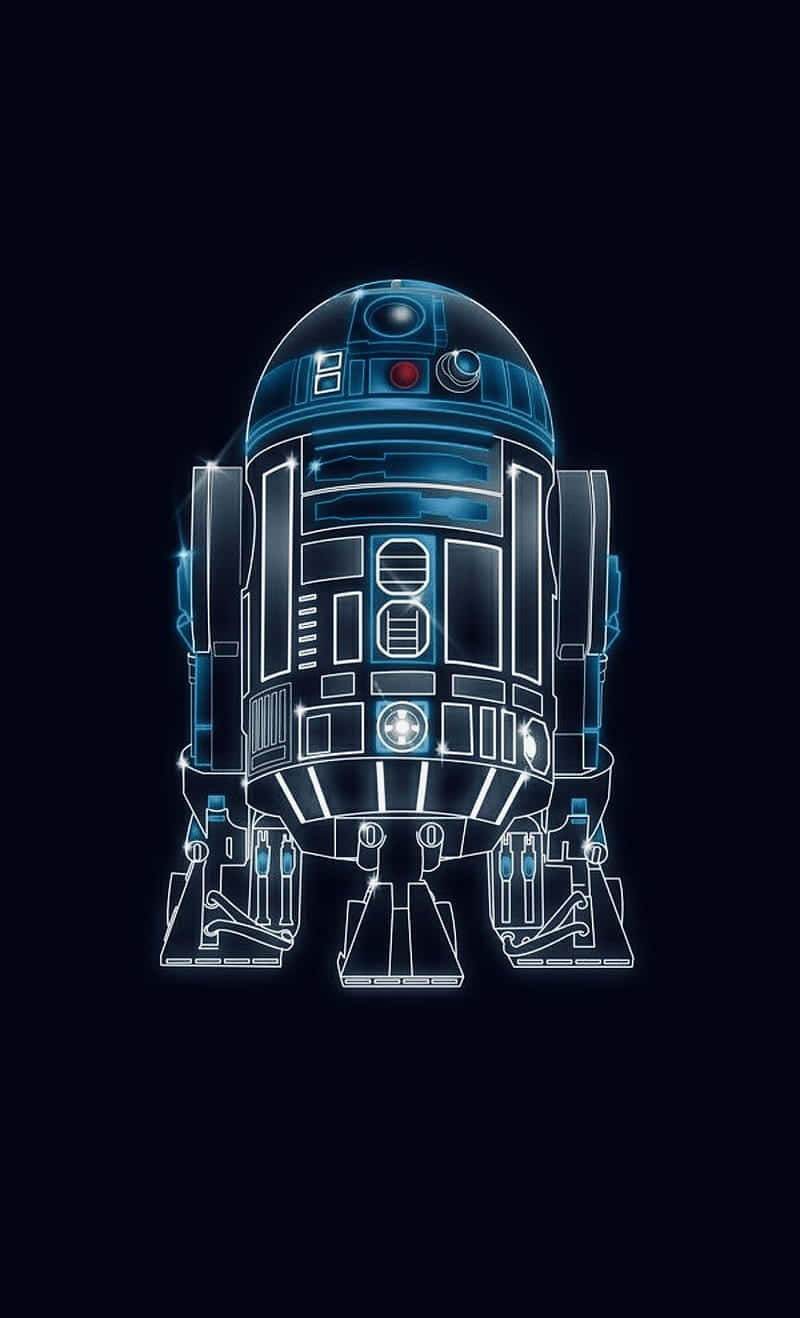 星際大戰經典 R2-D2 壁紙 — 在黑暗背景上以霓虹燈勾勒出的發光藍白R2-D2機械人。