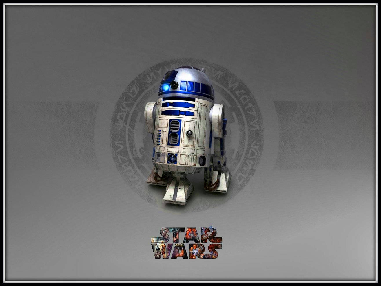 星際大戰 R2-D2 機器人 壁紙 — 一個風化的R2-D2機械人站在灰色背景中央，背後有一個褪色的星際大戰標誌。
