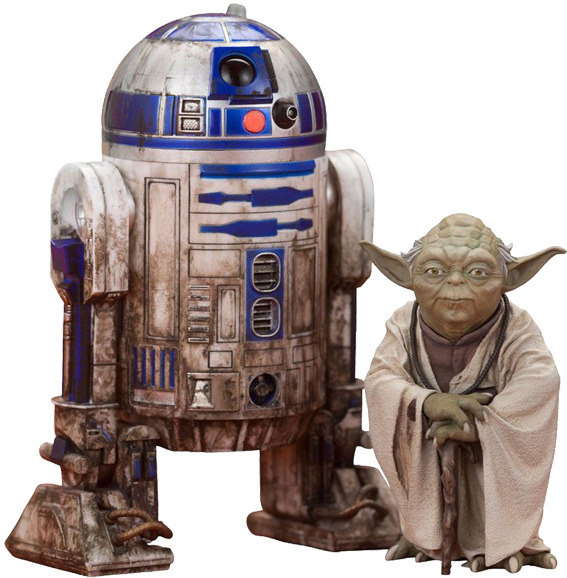 R2-D2 與 Yoda 星際大戰角色 壁紙 — 一個飽經風霜的R2-D2站在身穿米色長袍、手持法杖的智者尤達旁邊，背景是純黑色。