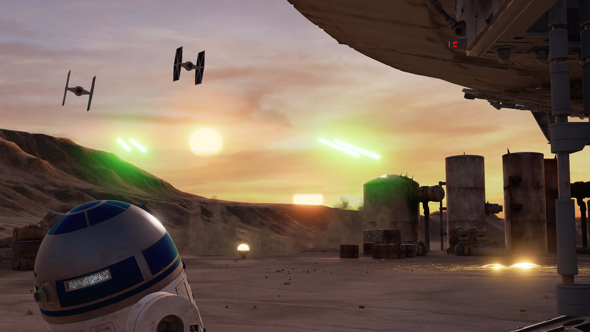 Tatooine 桌布 壁紙 — R2-D2 企喺沙漠峽谷入面，TIE 戰鬥機喺發光嘅日落天空飛過。