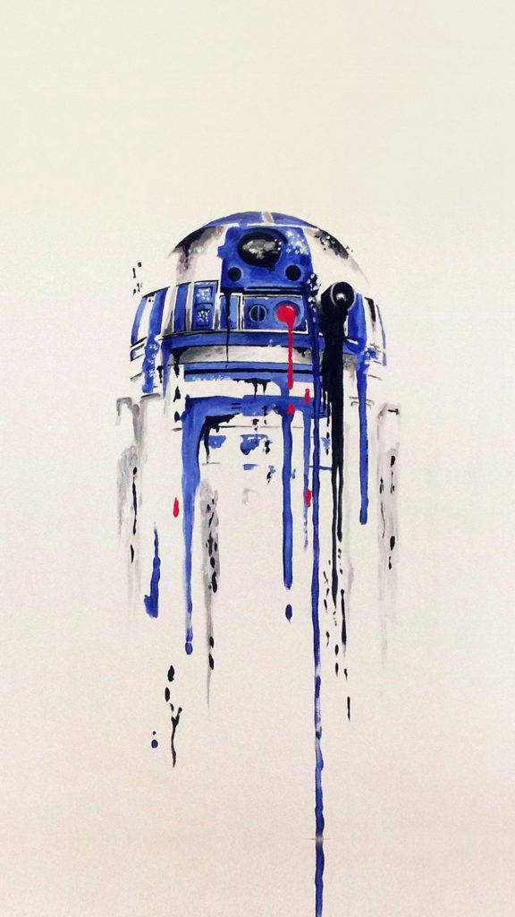R2-D2 星際大戰 iPhone 6 Plus 壁紙 — 一幅R2-D2的水彩畫，藍色和紅色的顏料沿著它的身體滴落，背景蒼白。
