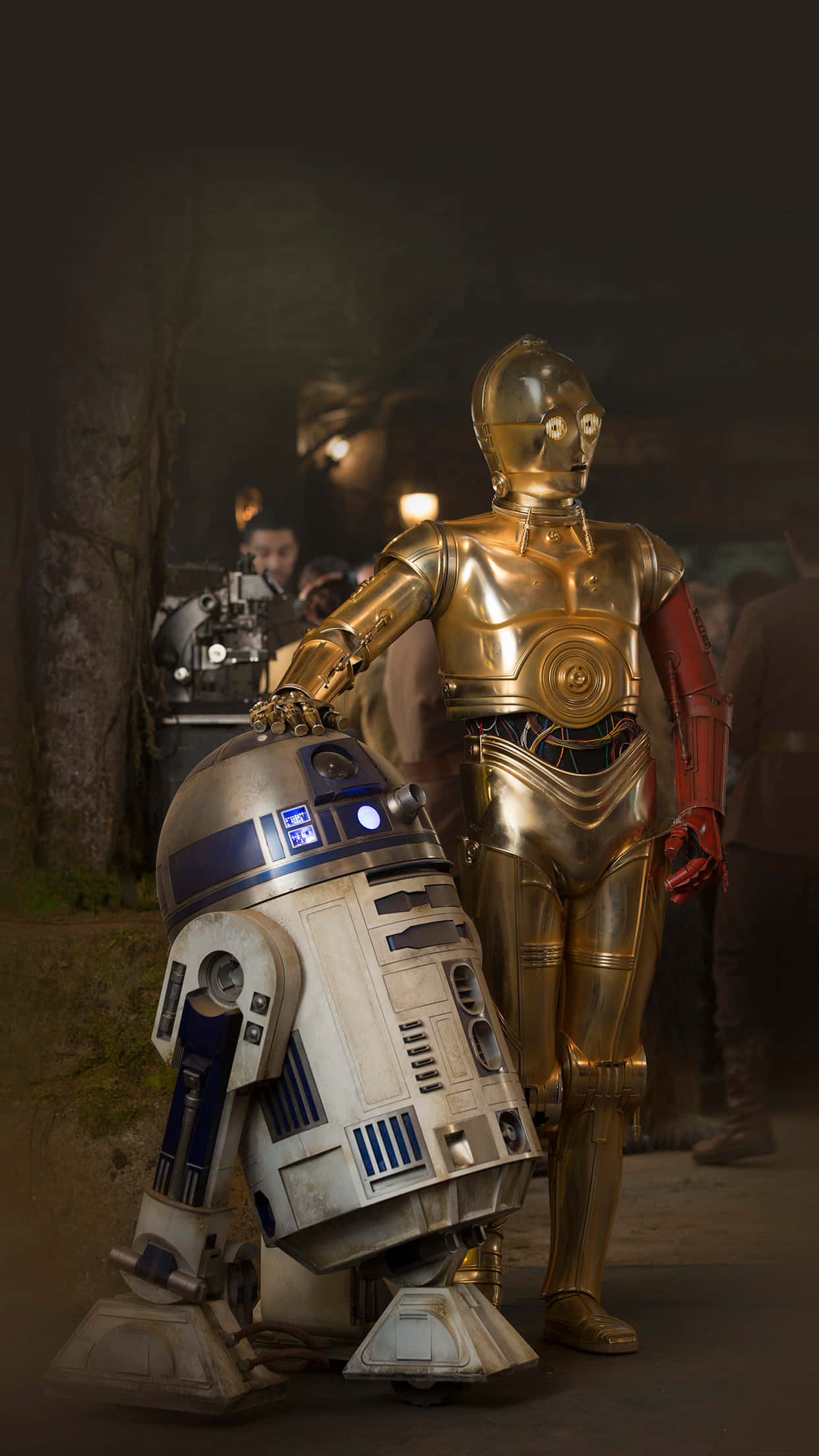 R2-D2，遠離地球的星際機械師 壁紙 — 金色C-3PO和藍白色R2-D2並排站在光線昏暗的森林場景中，背後有模糊的人影。