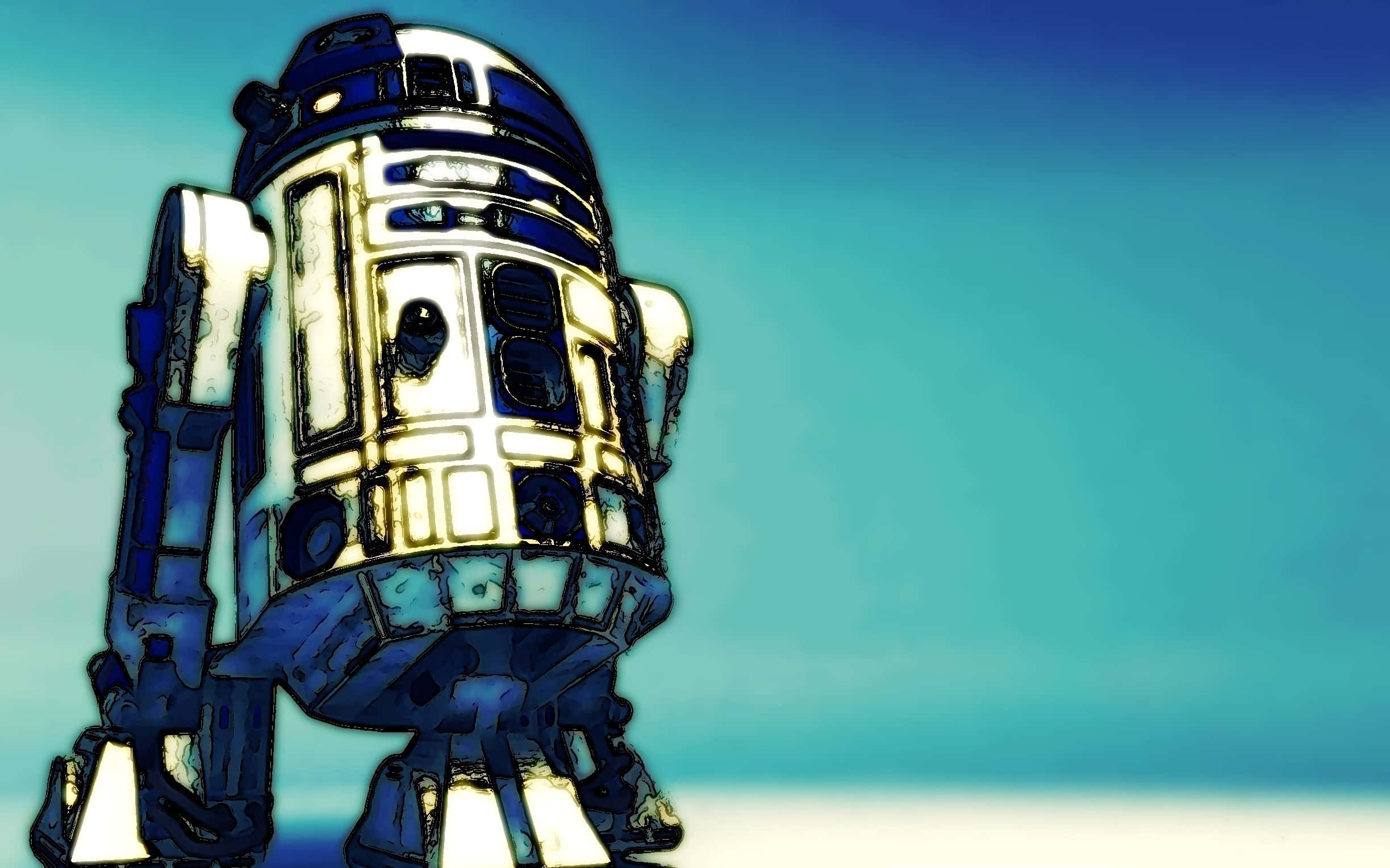 R2-D2經典設計照片 壁紙 — 一個風格化的R2-D2機械人站在漸變青綠色天空前，金屬機身帶有發光的黃色亮點。