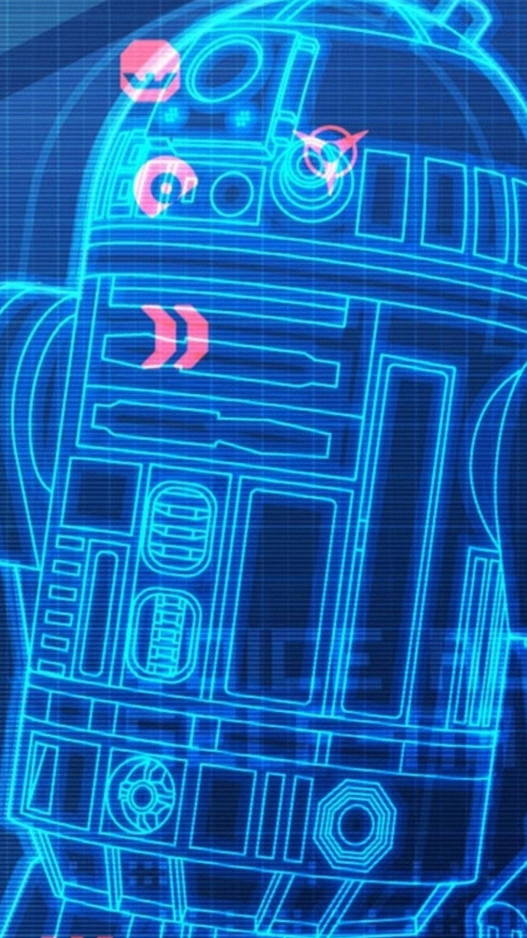 R2D2 霓虹電路數位藝術頂部 iPhone 壁紙 — 發光藍色全息圖紙的R2-D2，帶有粉紅色接口燈光，背景為網格。