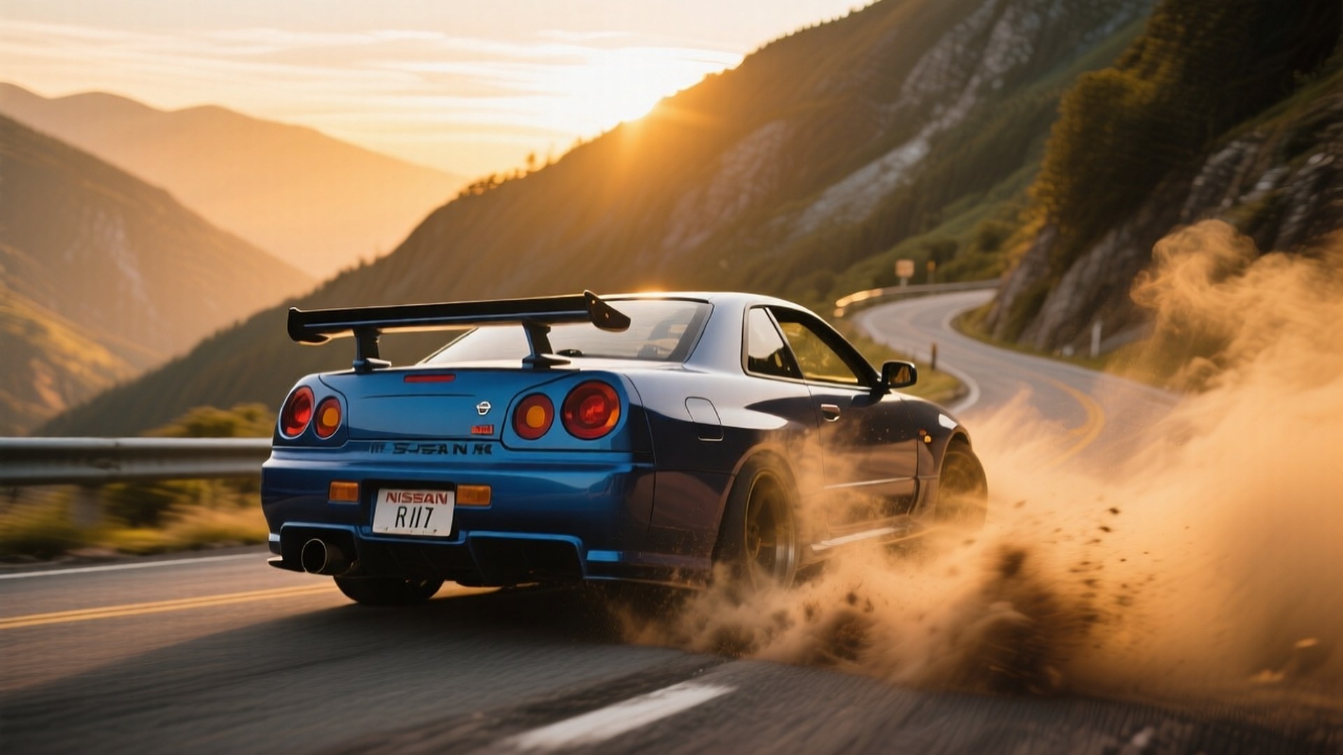 藍色日產Skyline R34在蜿蜒山路日落時飄移揚起灰塵
