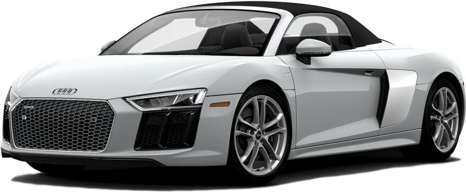 白色奧迪R8 Spyder側面視圖 壁紙 — 一輛時尚的白色奧迪R8 Spyder開篷跑車，帶有黑色飾邊和銀色輪圈，在工作室燈光下展示。
