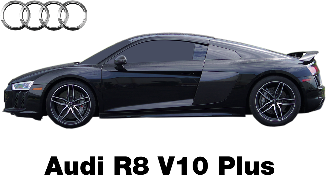 奧迪 R8 V10 Plus 側面視圖 壁紙 — 一輛時尚的黑色奧迪R8跑車，在透明背景上以側面輪廓展示，上方有奧迪標誌。