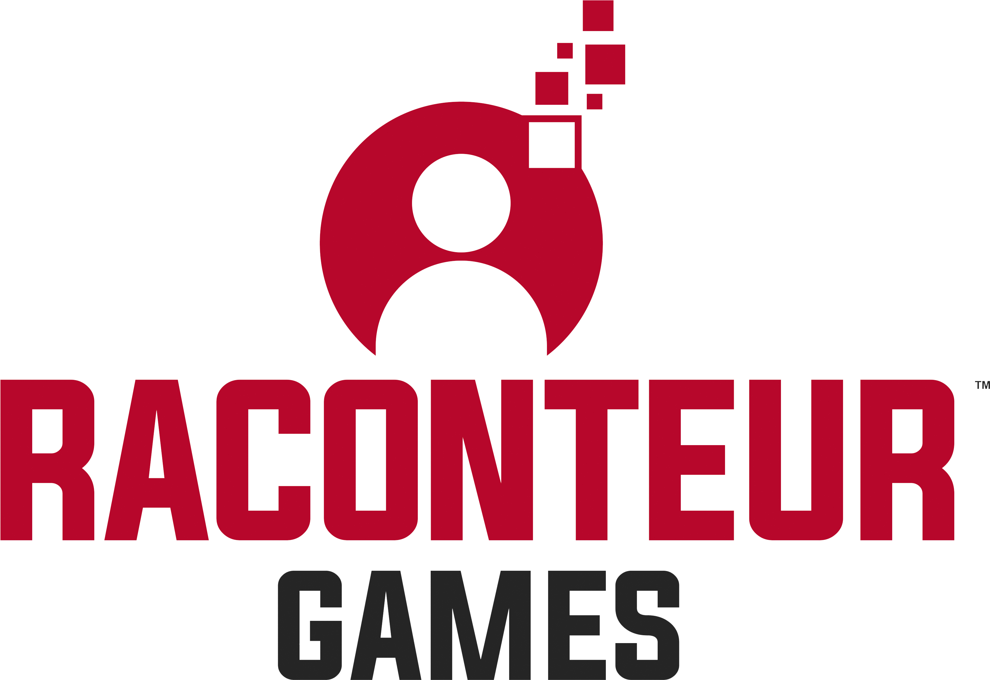 Raconteur Games 標誌 壁紙 — Raconteur Games 的醒目紅色標誌，採用風格化的圓形圖標，在黑色背景上的粗體文字上方帶有像素化方塊。