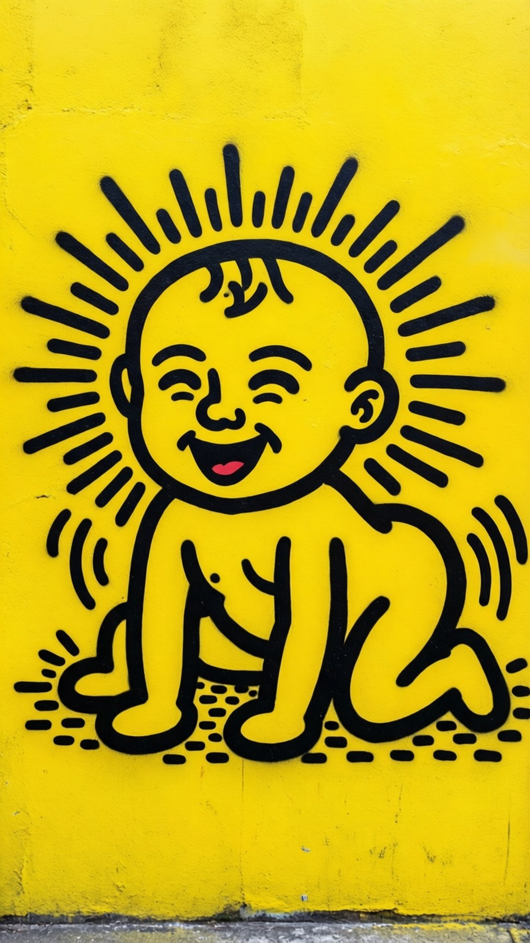 一個開朗的卡通嬰兒，帶有陽光般的光環，用黑色畫在黃色牆上。