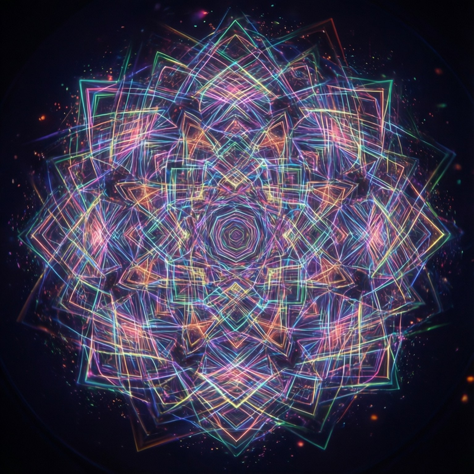 Mind-blowing 桌布 壁紙 — 一個由發光霓虹線條組成的放射狀幾何曼陀羅，在繁星點點的宇宙虛空中脈動，呈現充滿活力的粉紅、藍色和金色色調。