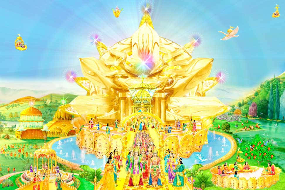  壁紙 — 一座燦爛的金色蓮花形寺廟在充滿活力的山谷中綻放，色彩繽紛的人物在噴泉周圍慶祝。