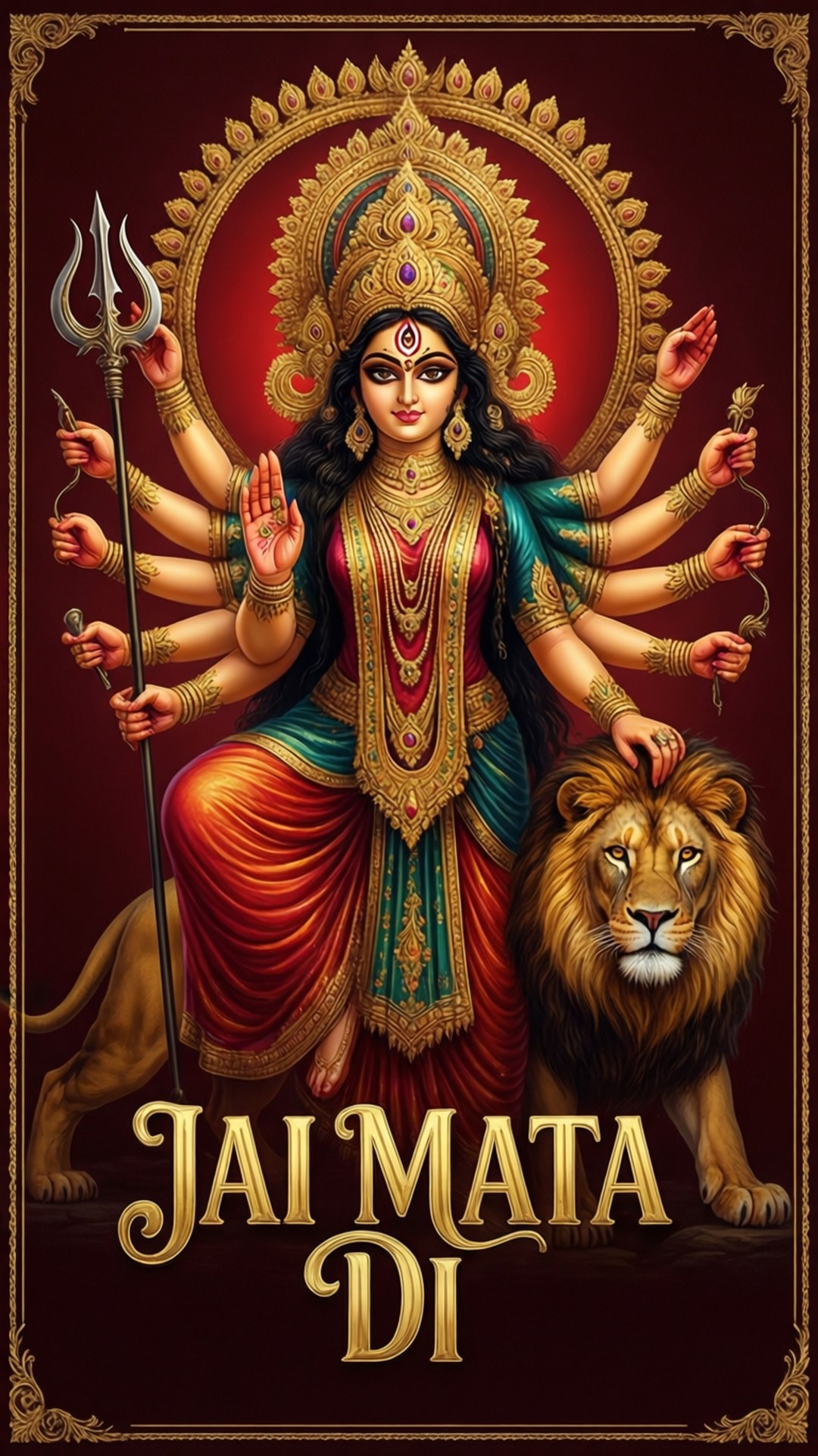Navratri 桌布 壁紙 — 一位閃耀的多臂印度教女神杜爾迦，身披金紅裝飾，騎在雄偉的獅子上，手持武器，背景為深紅色。