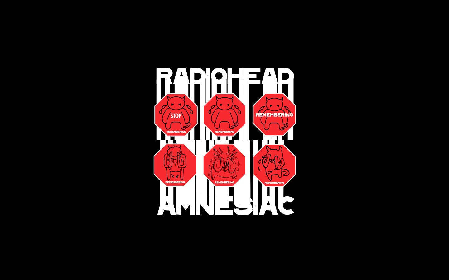 Radiohead專輯封面，帶有紅色停止標誌和卡通人物。
