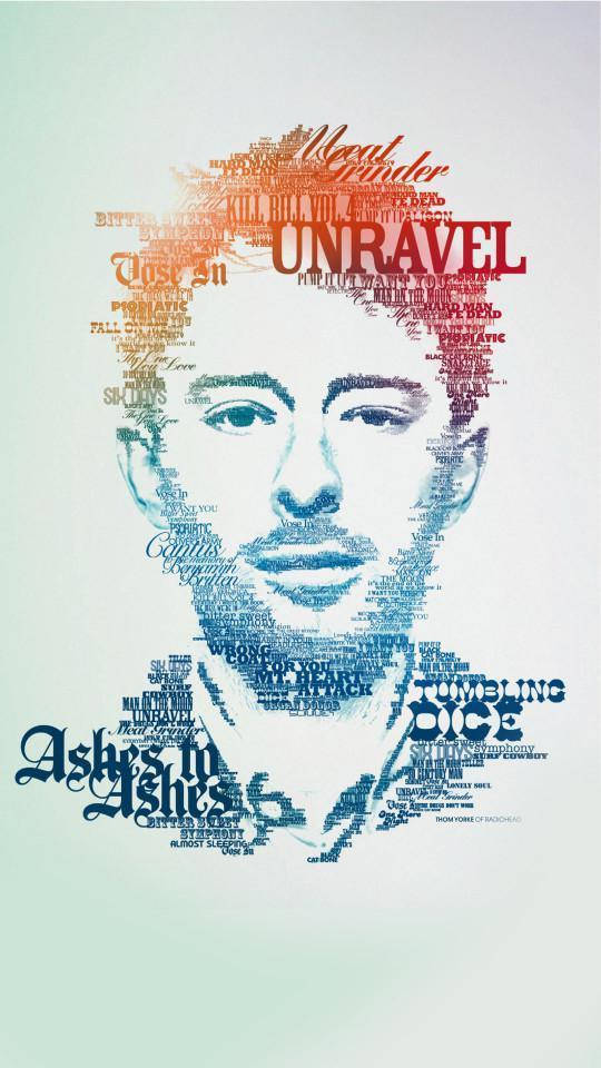 Radiohead 成員 Thom Yorke Neville Brody 壁紙 — 一幅由不同字體和顏色的歌詞組成的男人肖像，背景為淡色。