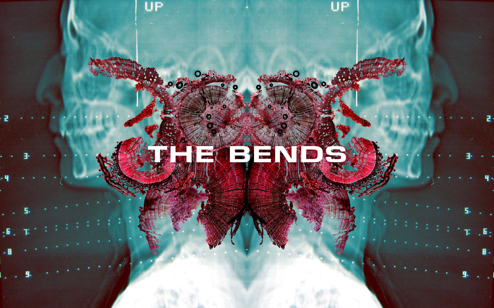 Radiohead《The Bends》專輯封面 壁紙 — 一張超現實的數位藝術圖像，紅色分形蝴蝶疊加在帶有網格線和「UP」標記的藍綠色頭骨X光片上。