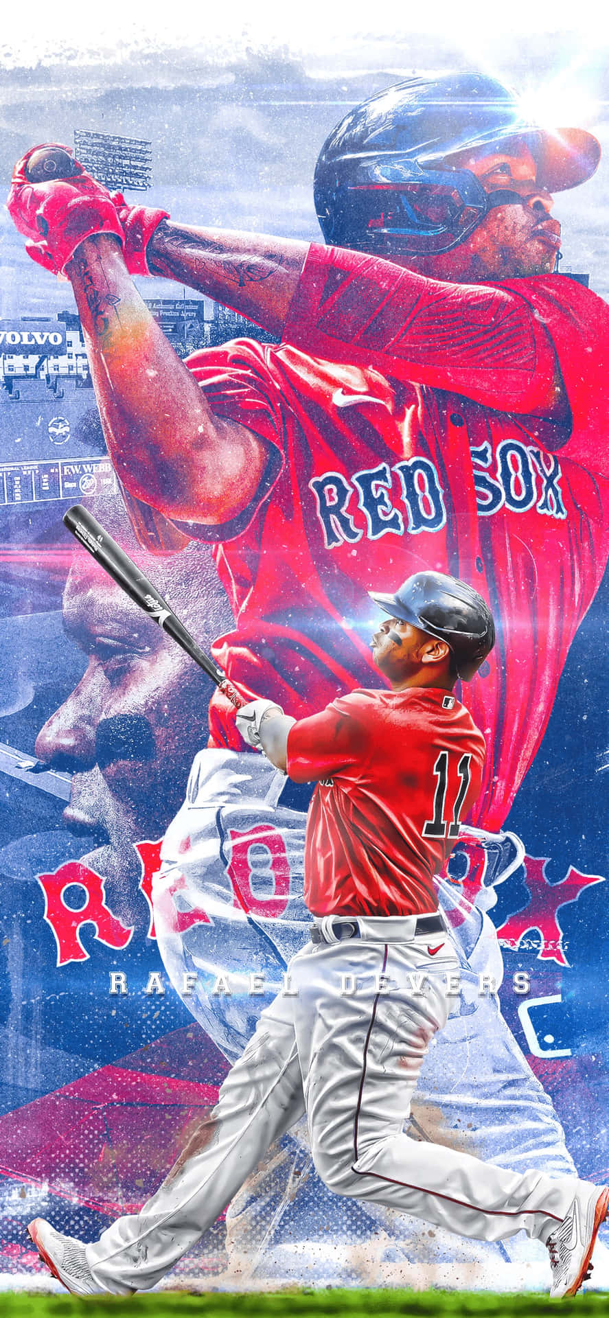  壁紙 — 一幅動態數碼藝術作品，描繪棒球運動員 Rafael Devers 身穿紅襪隊球衣揮棒中，帶有分層動態效果和球場背景。