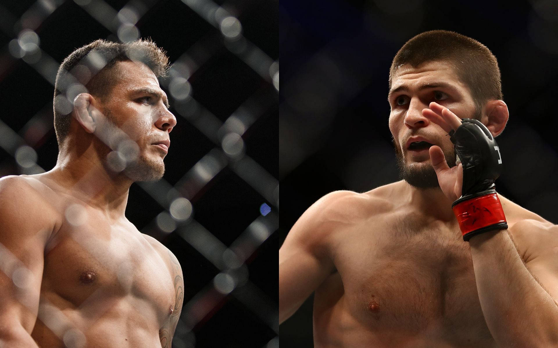 比賽中八角籠內的兩名男性MMA拳手，一人擦臉。