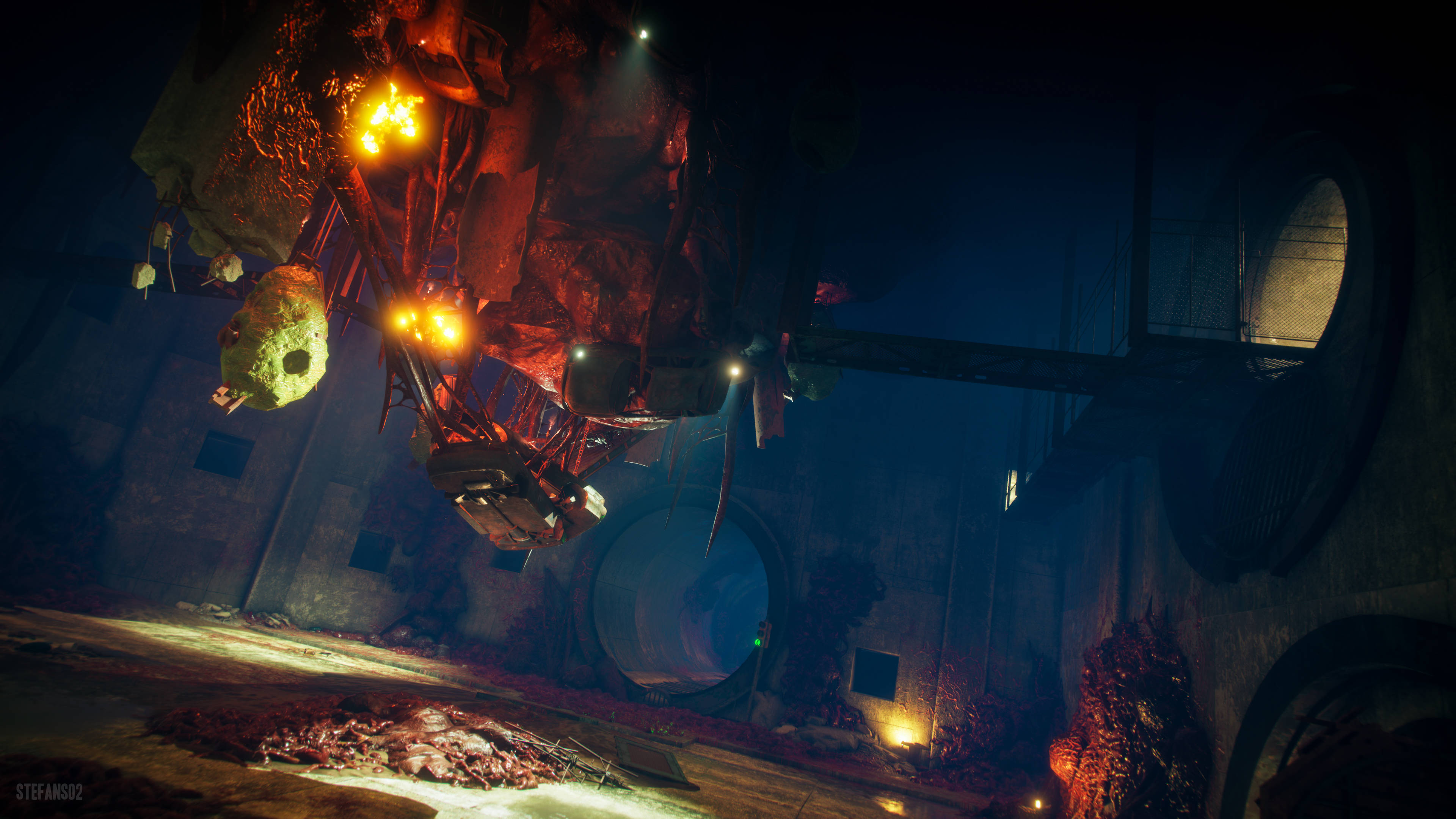 Rage Wellspring 隧道 壁紙 — 一個巨大的發光外星生物懸掛在黑暗的工業廢墟中，伴隨著詭異的橙色燈光。