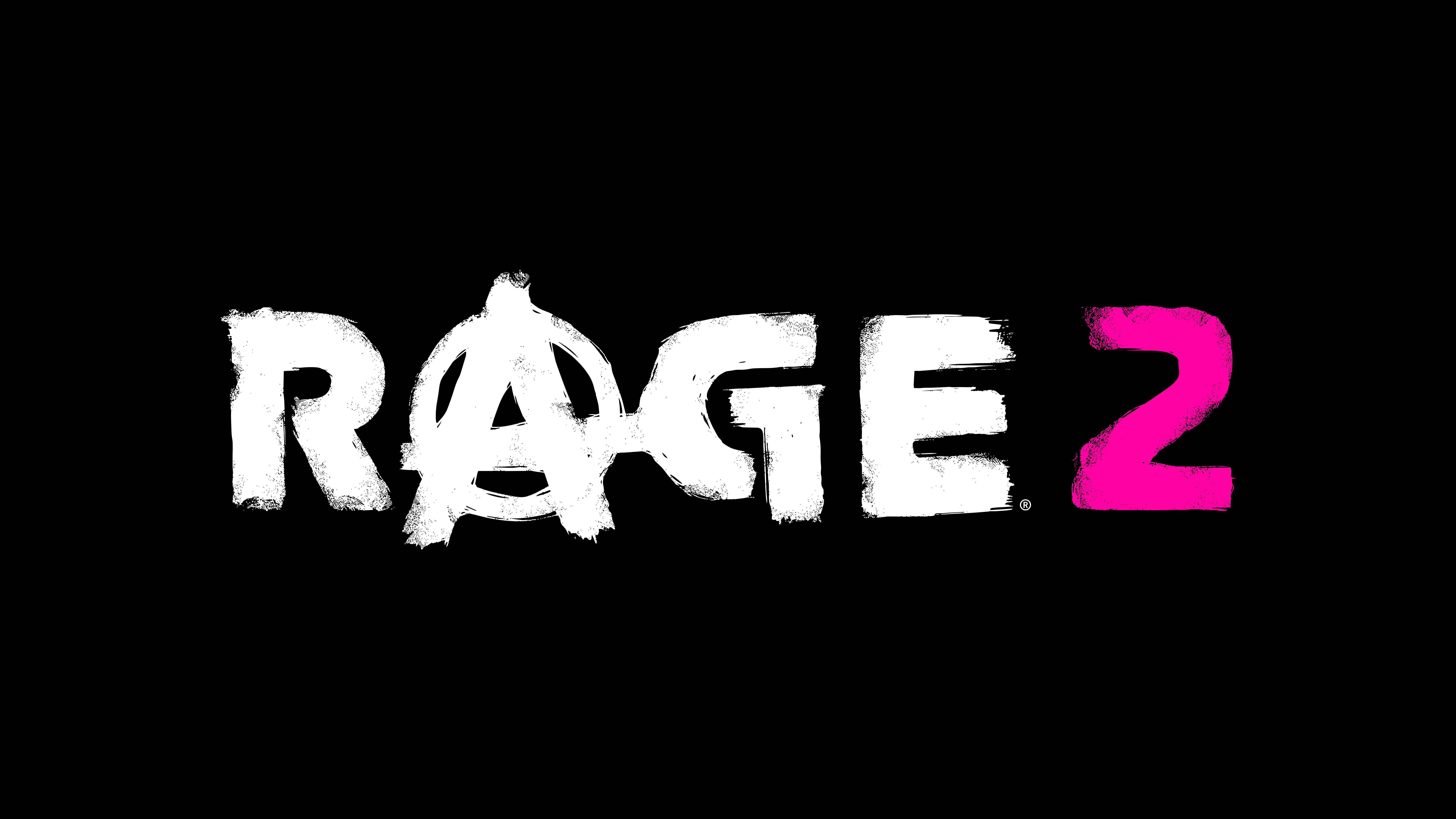 Rage 最簡風格遊戲標題 壁紙 — 大膽嘅白色同粉紅色 'RAGE 2' 標誌，帶有無政府主義符號，喺純黑色背景上。