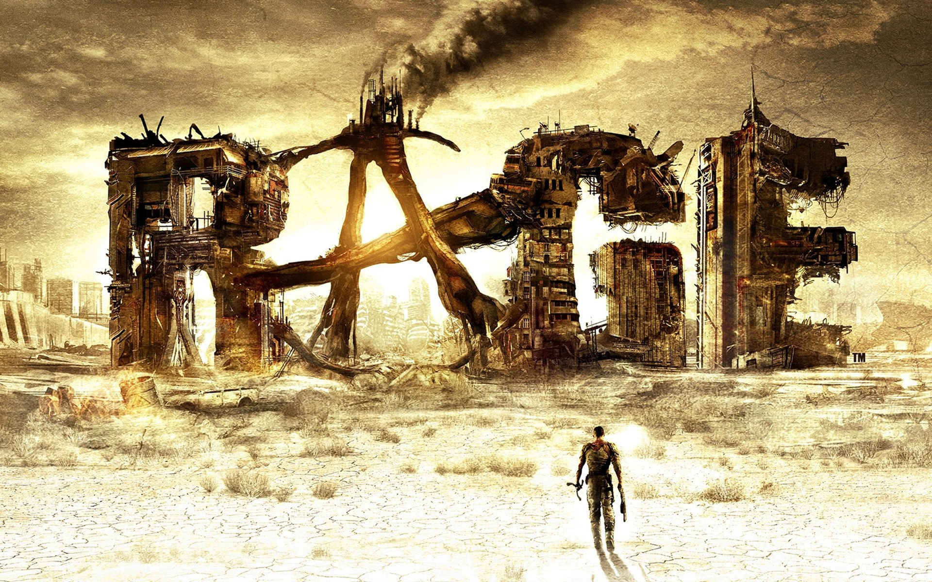 《Rage》風格化遊戲標題 壁紙 — 一個孤獨的身影在朦朧的天空下，走向荒涼的末日後廢土中的巨大生鏽機械野獸。