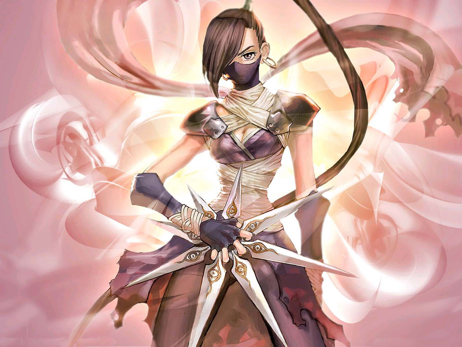 戴面具的動漫女戰士在粉紅色和金色能量漩渦中手持星形武器。
