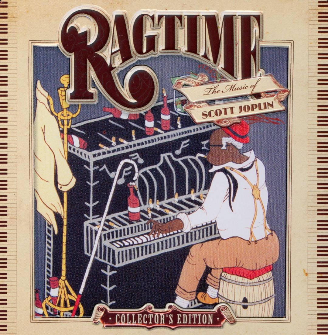 《Ragtime：Scott Joplin的音樂》CD封面藝術 壁紙 — 一幅復古插圖展示一位音樂家在華麗字體下，被瓶子和音符環繞著彈奏鋼琴。