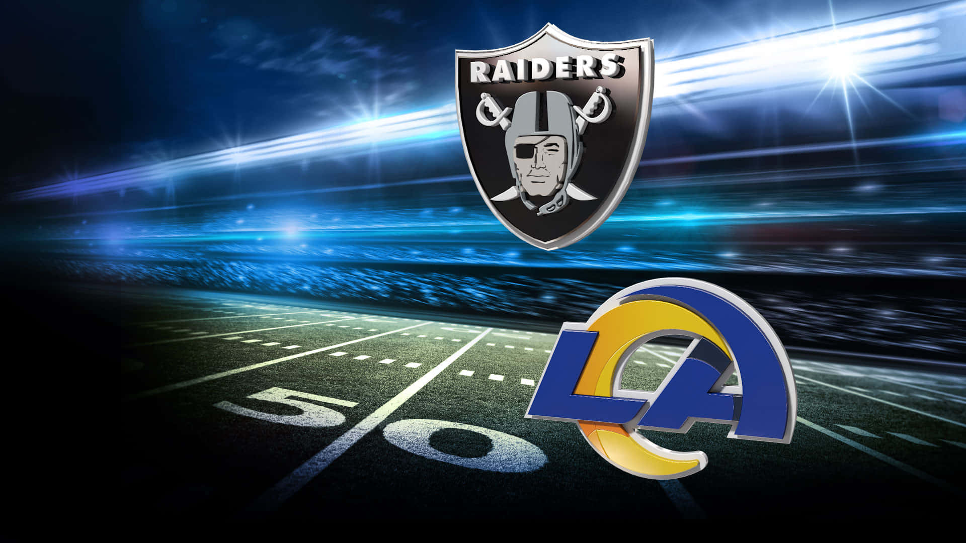 掠奪者 桌布 壁紙 — Raiders 和 Rams 標誌在夜間體育場燈光下於足球場上方發光。