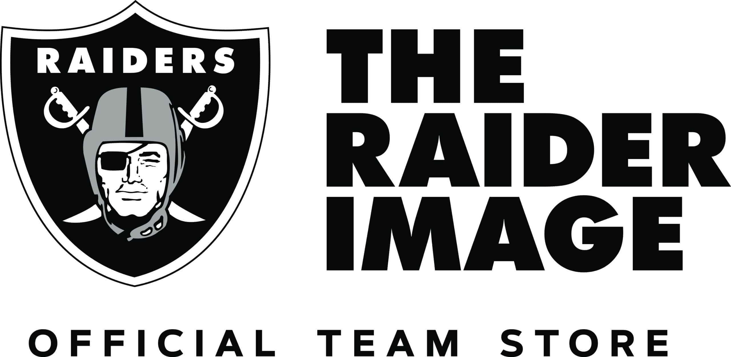 掠奪者 桌布 壁紙 — Raiders 足球隊的黑白標誌，帶有粗體文字，適用於官方球隊商店。
