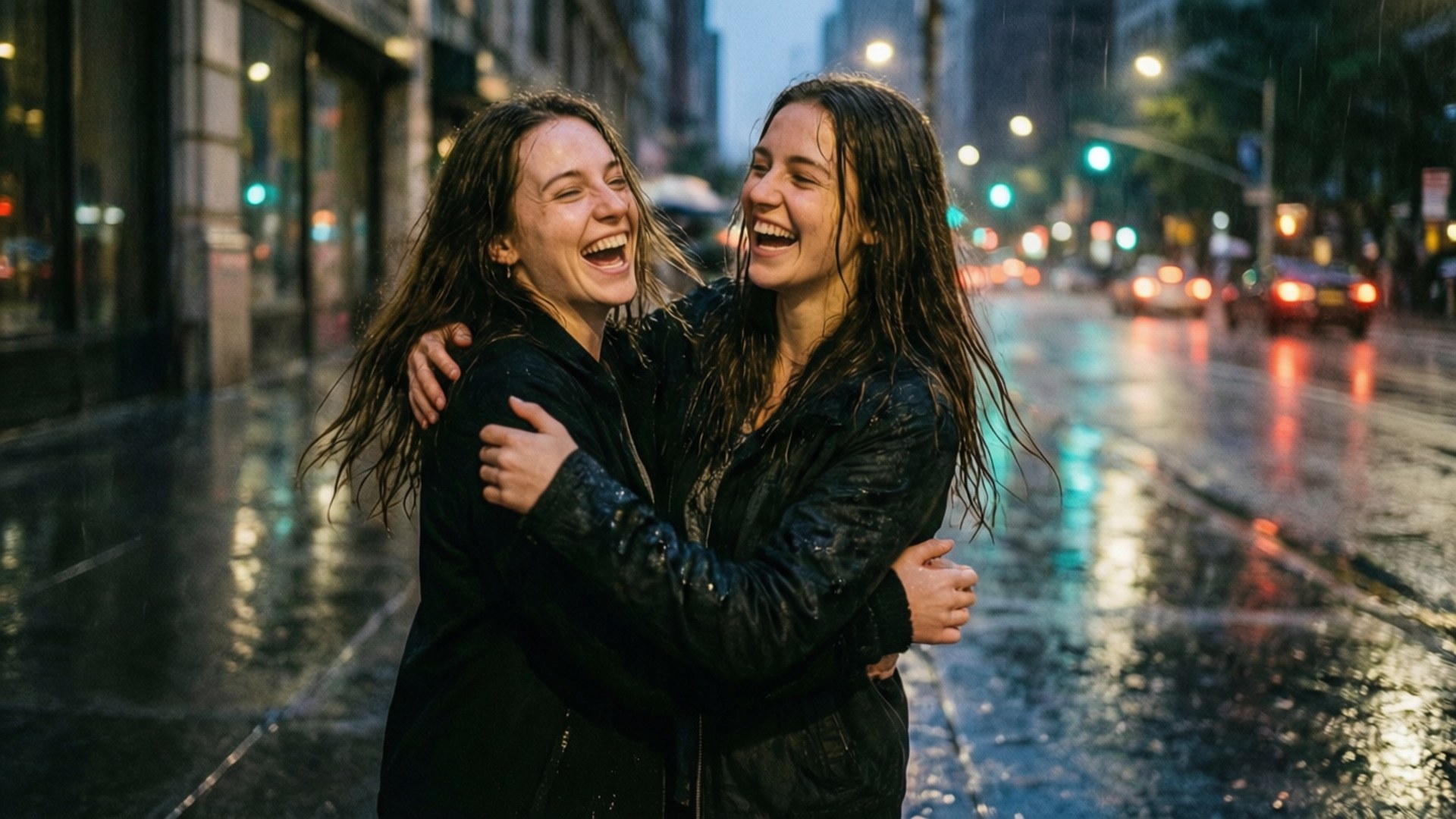 兩個女人在夜間城市街道的雨中笑著擁抱
