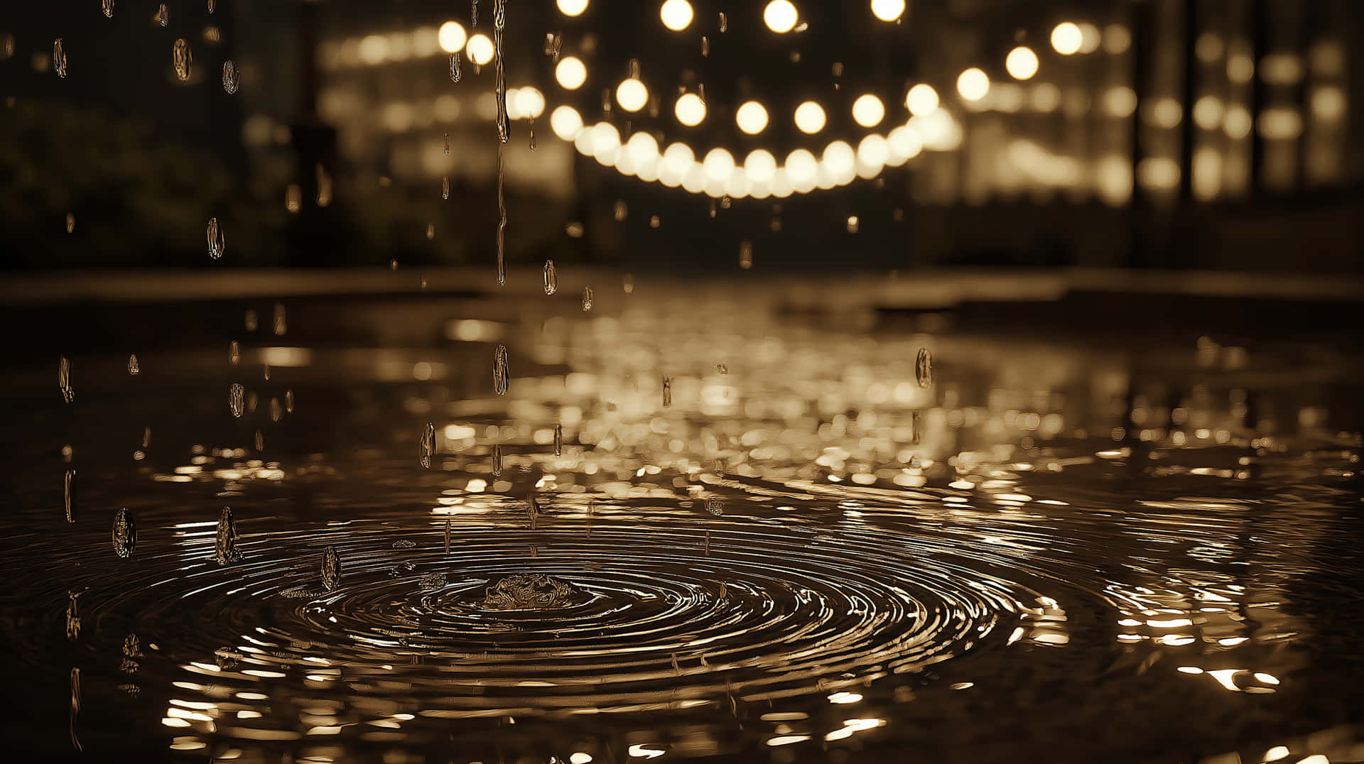 雨滴在濕漉漉的人行道上泛起漣漪，夜間反射出金色串燈。