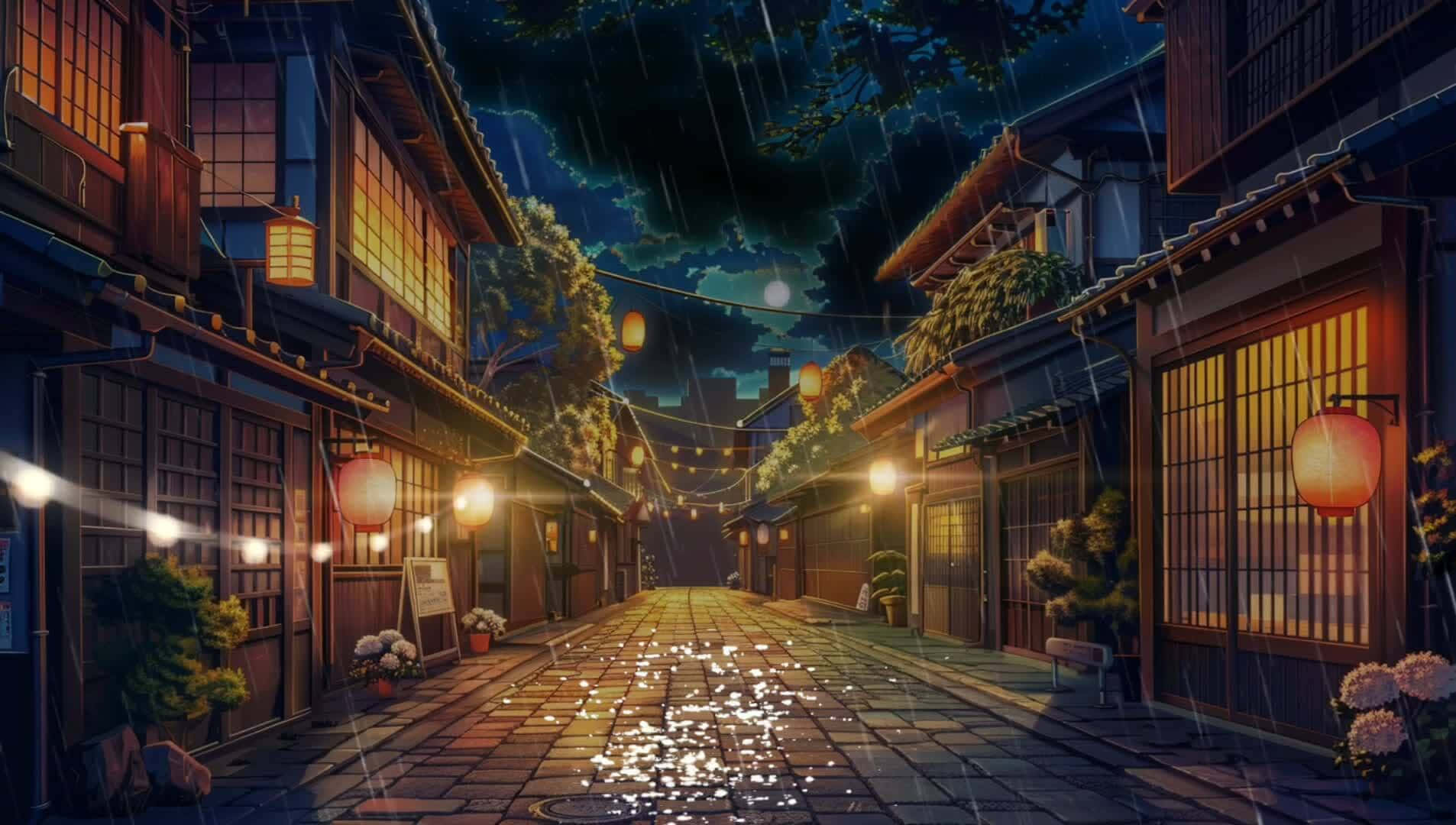  壁紙 — 雨輕輕落在狹窄的日本街道上，夜晚溫暖的燈籠從木建築中發出光芒，映照在濕漉漉的鵝卵石上。