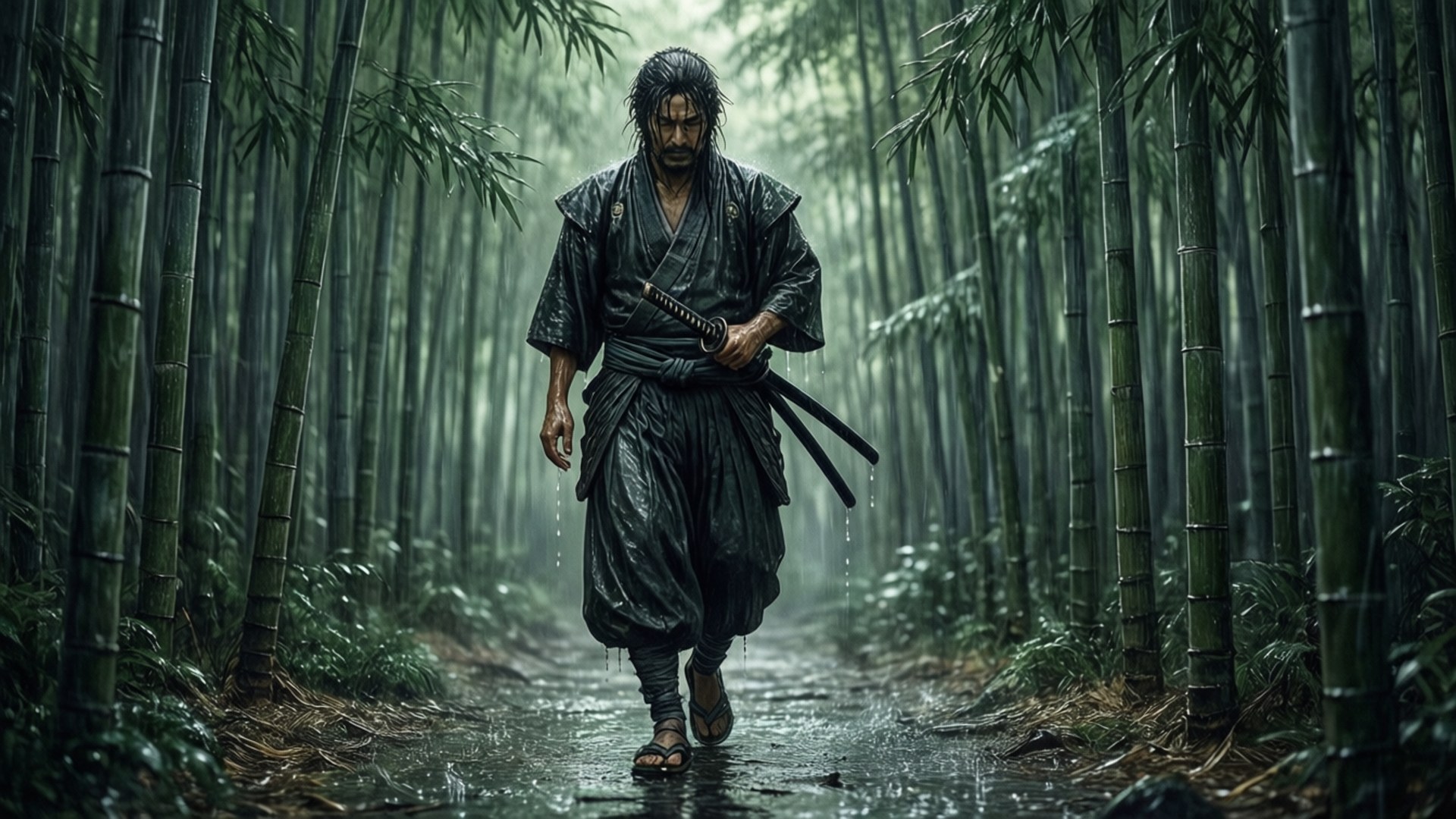 一位武士戰士在雨中穿過竹林，手持劍。