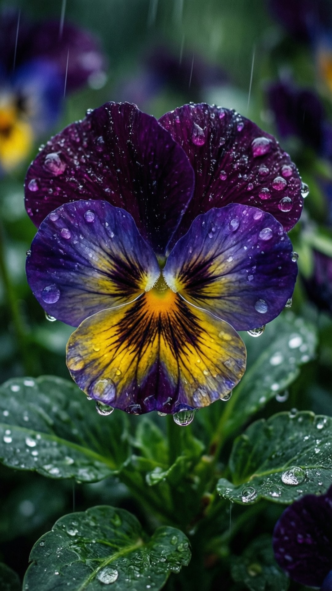 花園中一朵被雨滴覆蓋的紫色三色堇，黃色中心