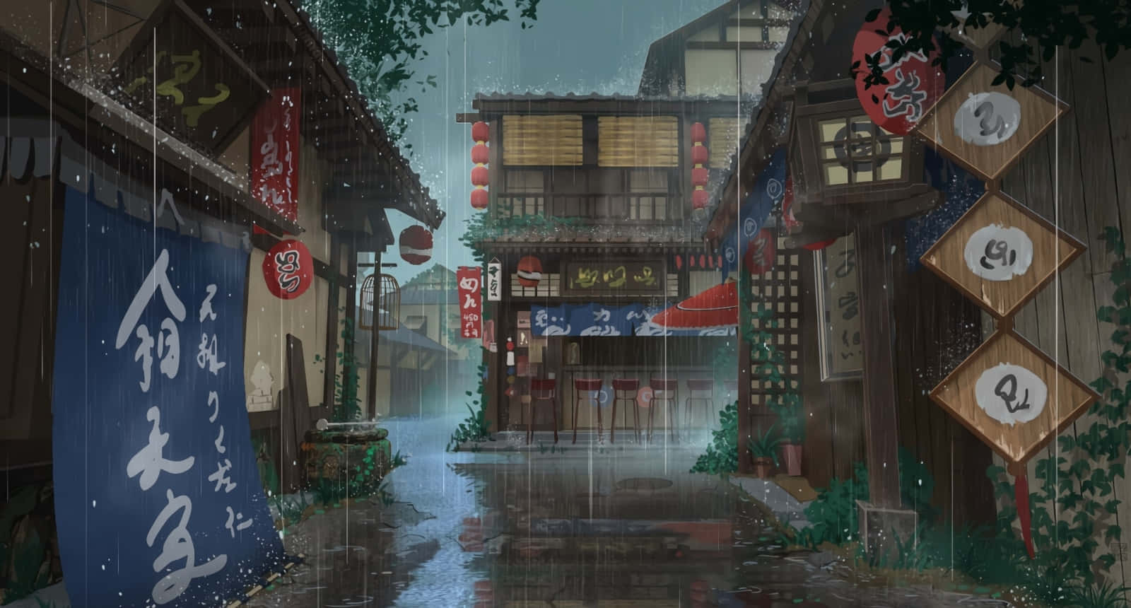  壁紙 — 雨水傾瀉在一條狹窄的日本街道上，兩旁是木建築和發光的燈籠，倒映在水窪中。