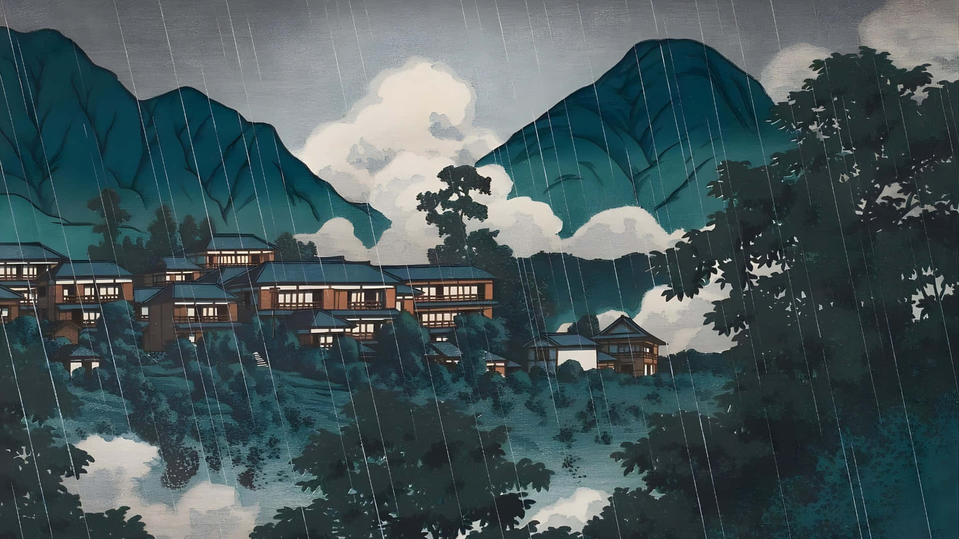  壁紙 — 雨水傾瀉在一個傳統村莊，村莊坐落在深藍綠色山脈之間，天空多雲。