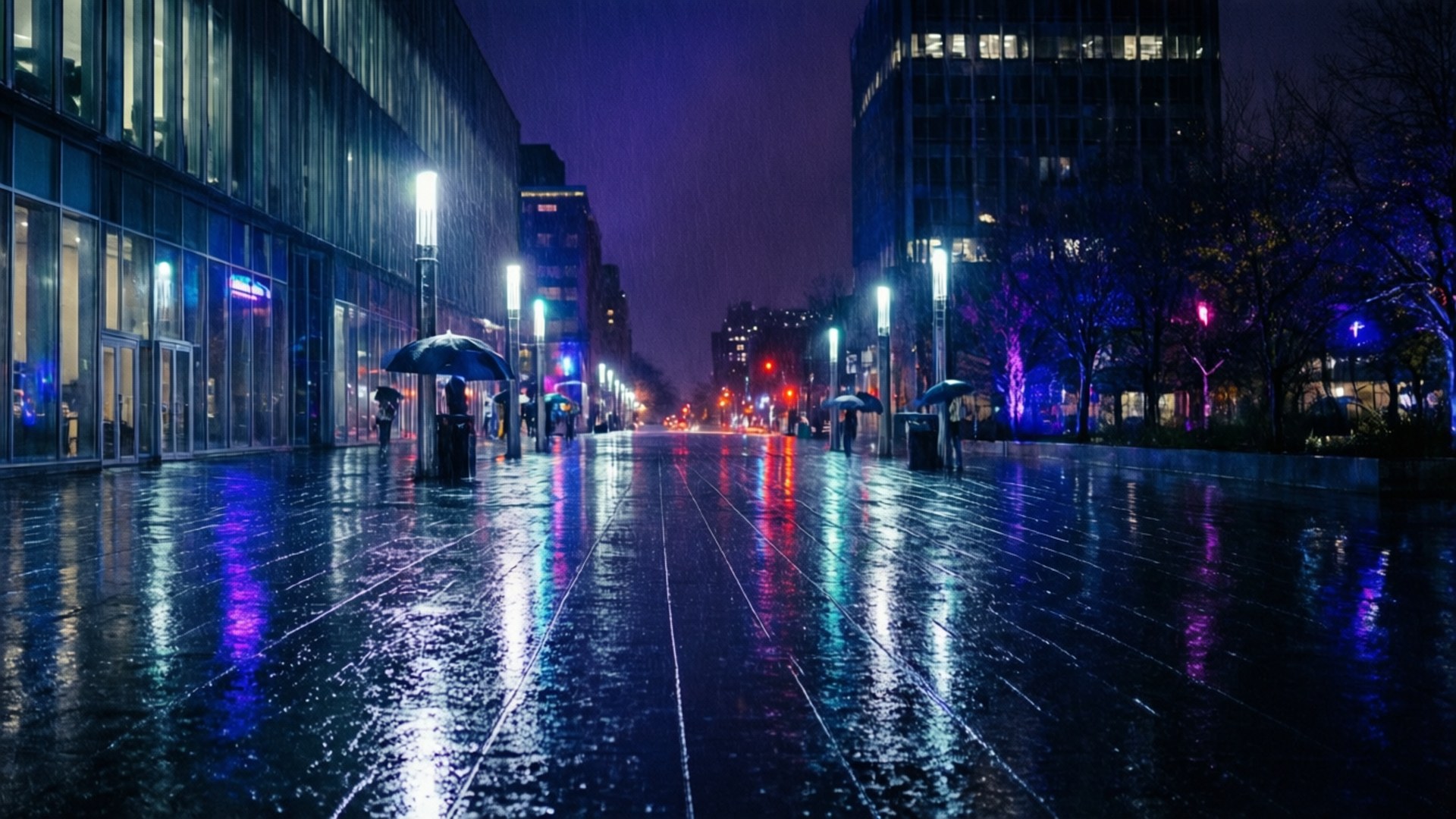 Montreal 桌布 壁紙 — 雨濕的夜晚城市街道反射著高聳建築物和發光路燈的霓虹燈光。