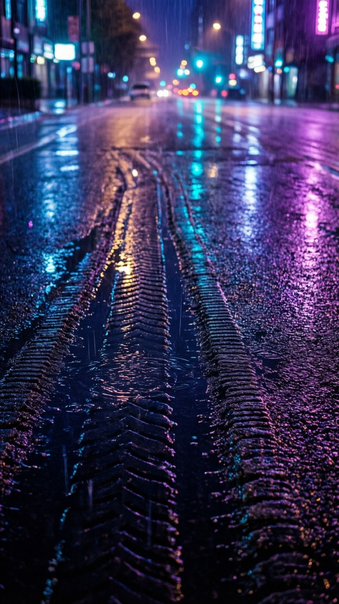 雨夜城市街道，霓虹燈反射和濕路面上的輪胎痕跡。