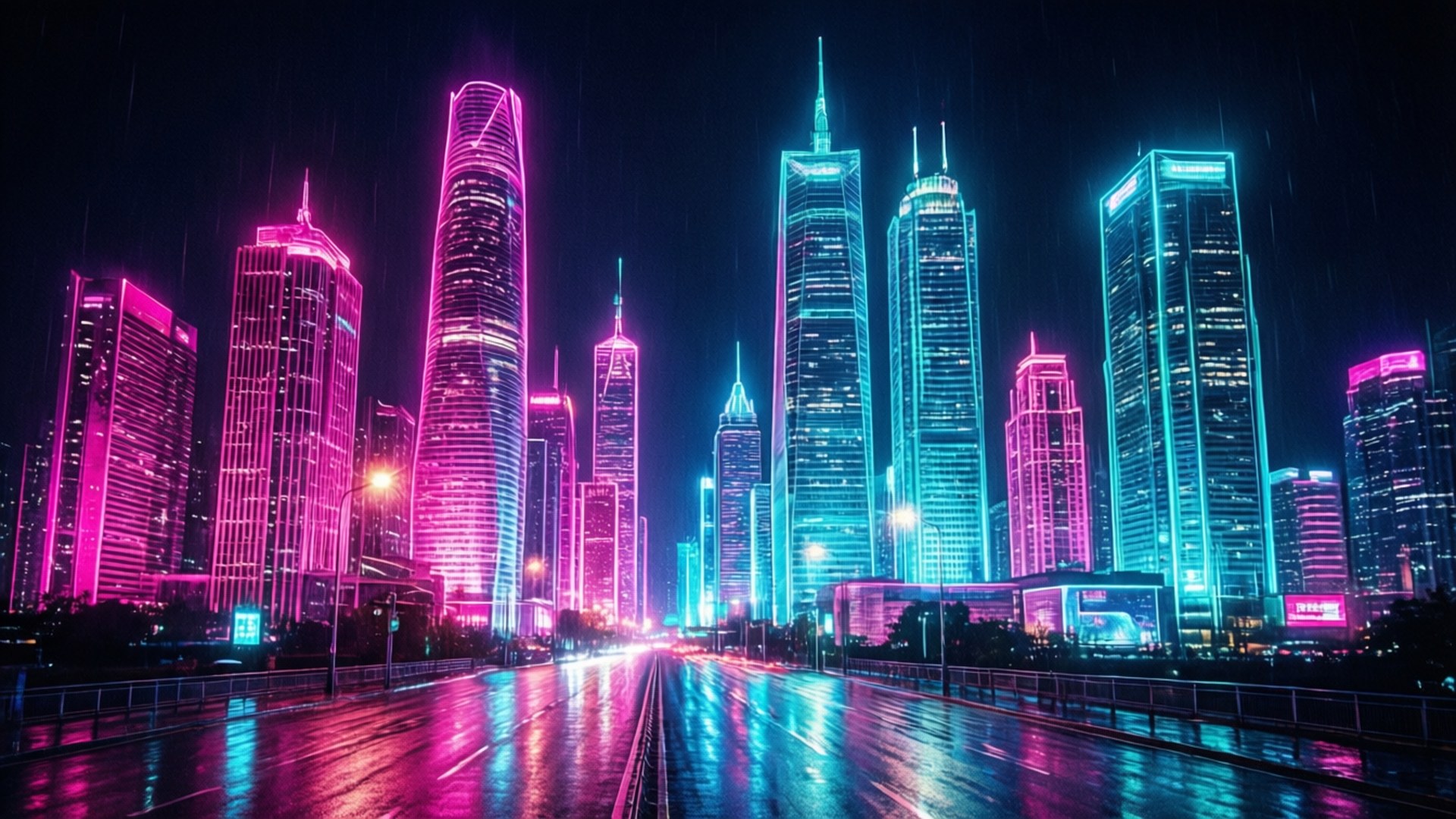 Airbrush 桌布 壁紙 — 雨濕的城市街道在漆黑的夜空下反射出霓虹粉紅和青色的摩天大樓。