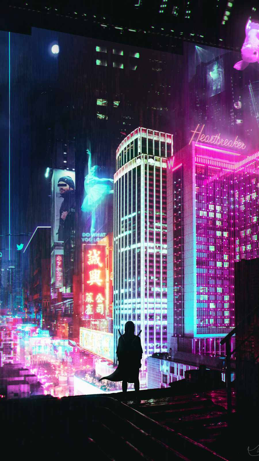 屋頂上一個人的剪影，俯瞰著夜晚發光的霓虹城市。