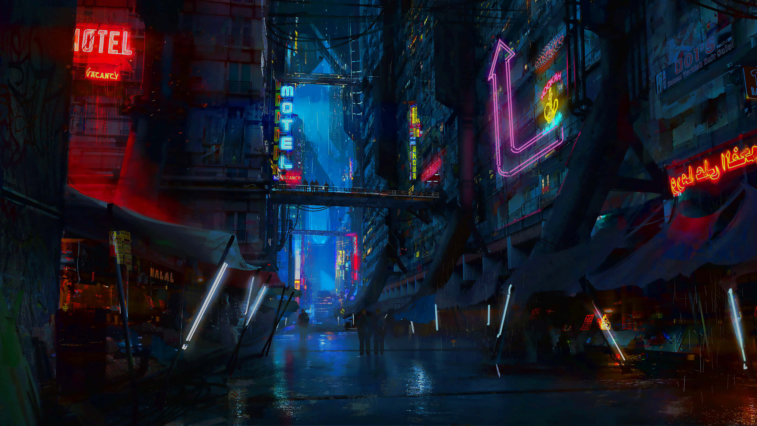 Dark Cyberpunk 桌布 壁紙 — 雨濕的霓虹燈小巷，兩旁是高聳的賽博龐克建築，閃爍著紅、藍、紫光。