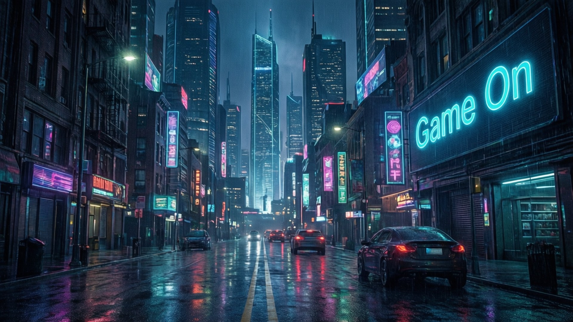 霓虹燈城市街道夜景，帶有雨水反射和發光招牌。