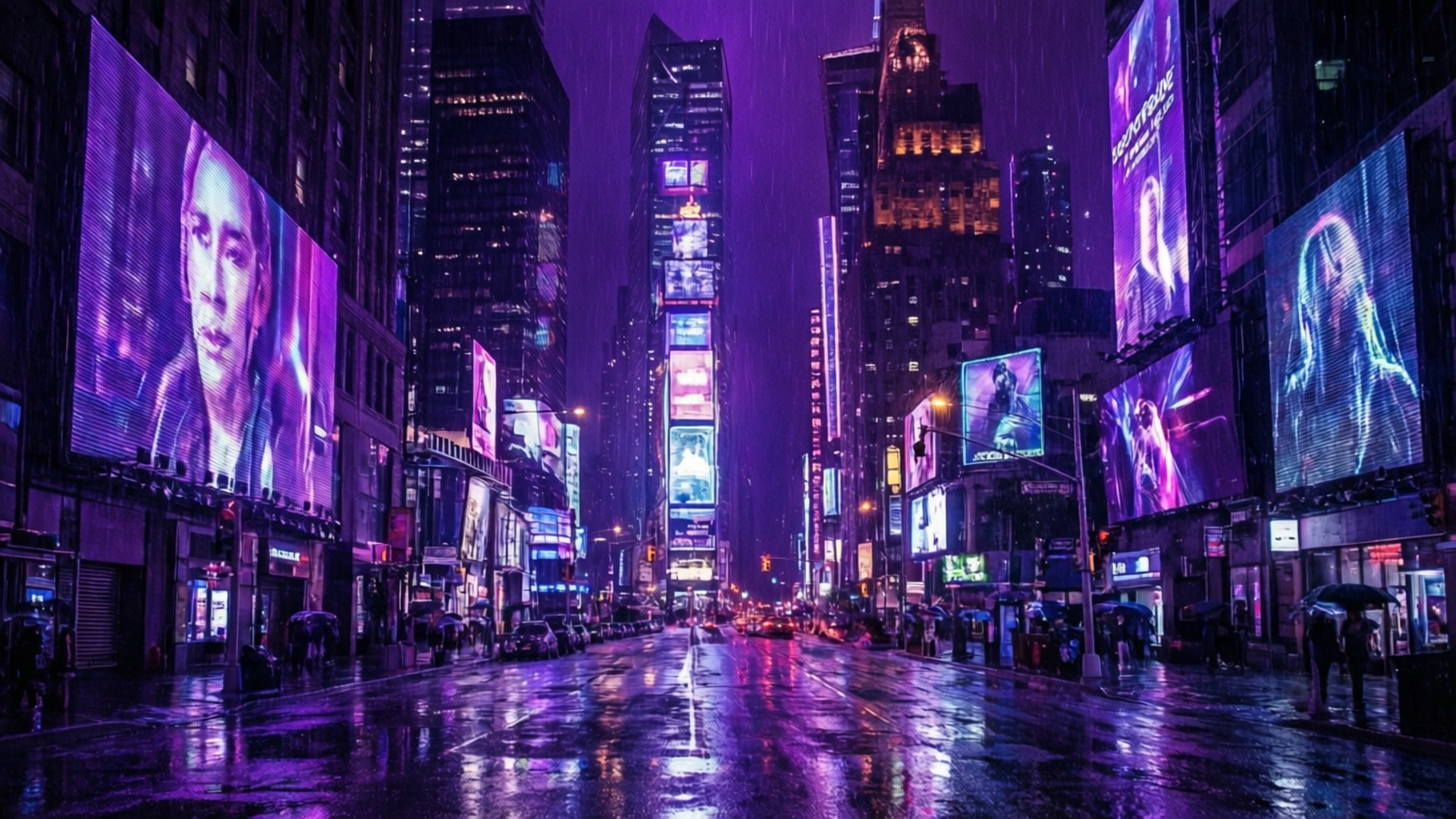 紫色 桌布 壁紙 — 雨濕的霓虹燈城市街道夜景，高聳的摩天大樓和發光的廣告牌在濕漉漉的路面上反射。