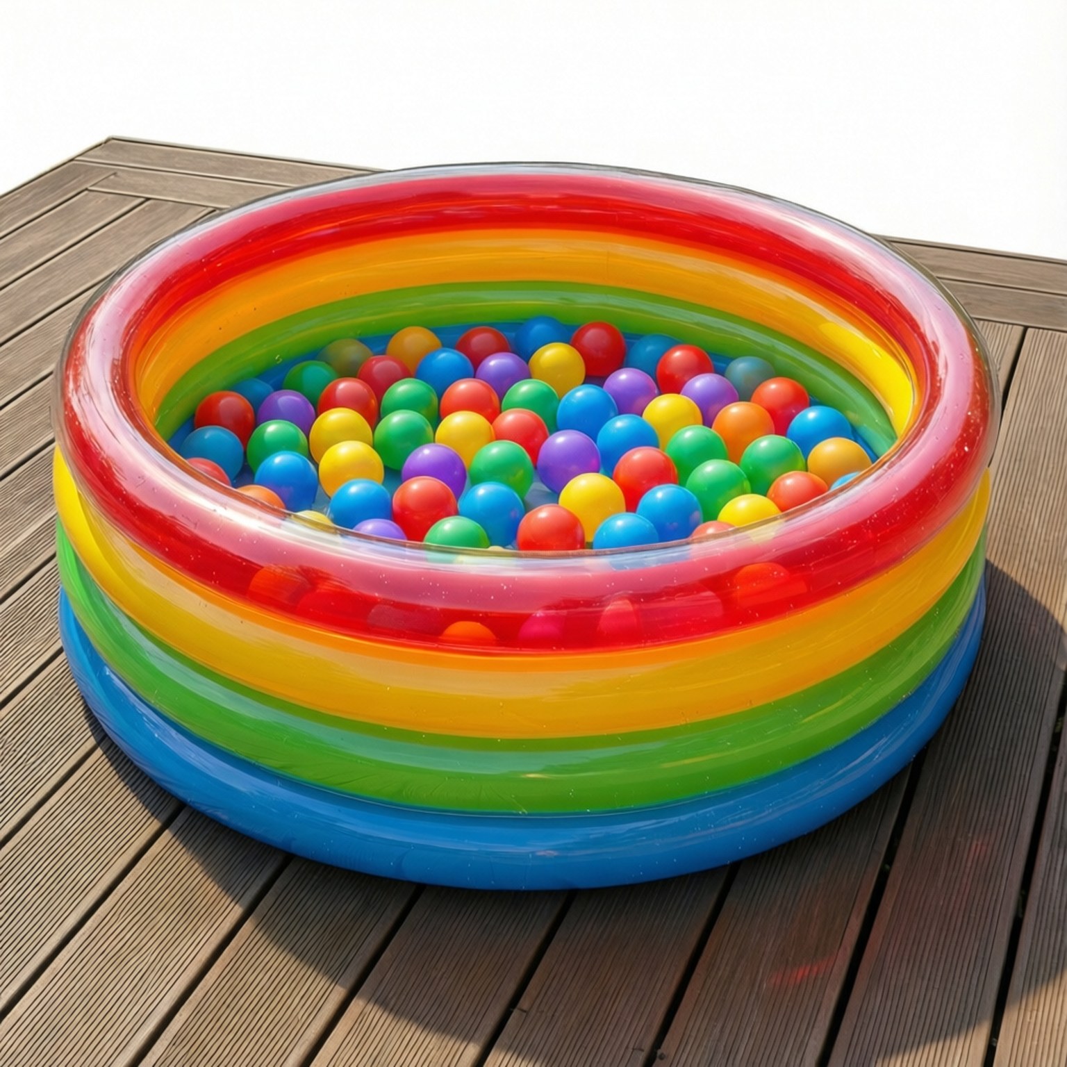 Rainbow inflatable ball pit with colorful balls on wooden deck 壁紙