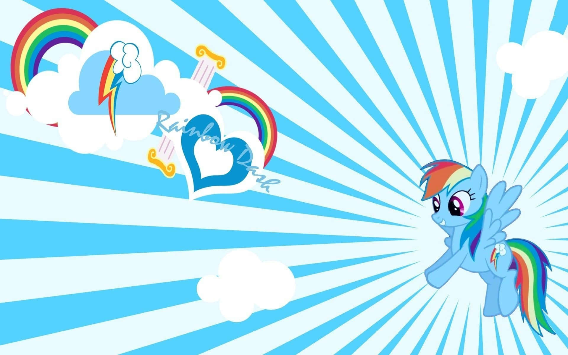 pony 桌布 壁紙 — Rainbow Dash 喺明亮藍色陽光背景下，帶住彩虹、雲同心形雲快樂咁飛翔。